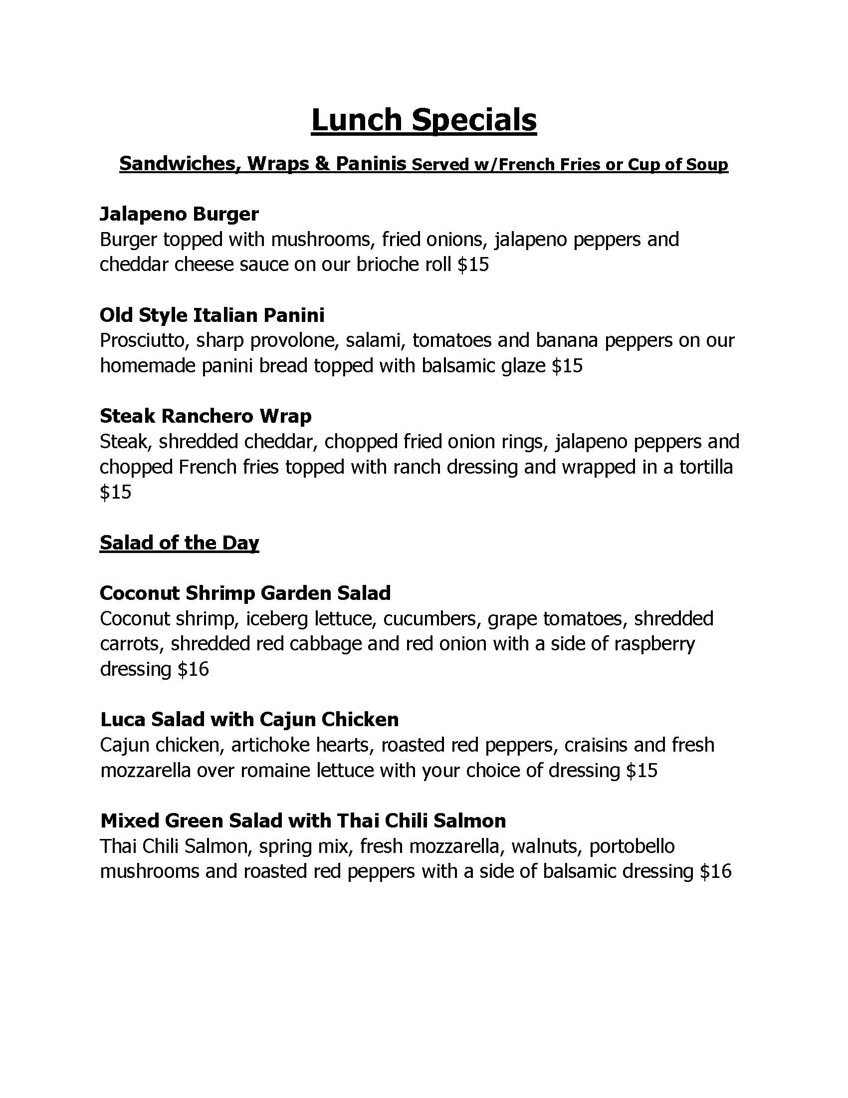 Lunch specials menu featuring various sandwiches, wraps, and salads, with prices ranging from $13 to $16.