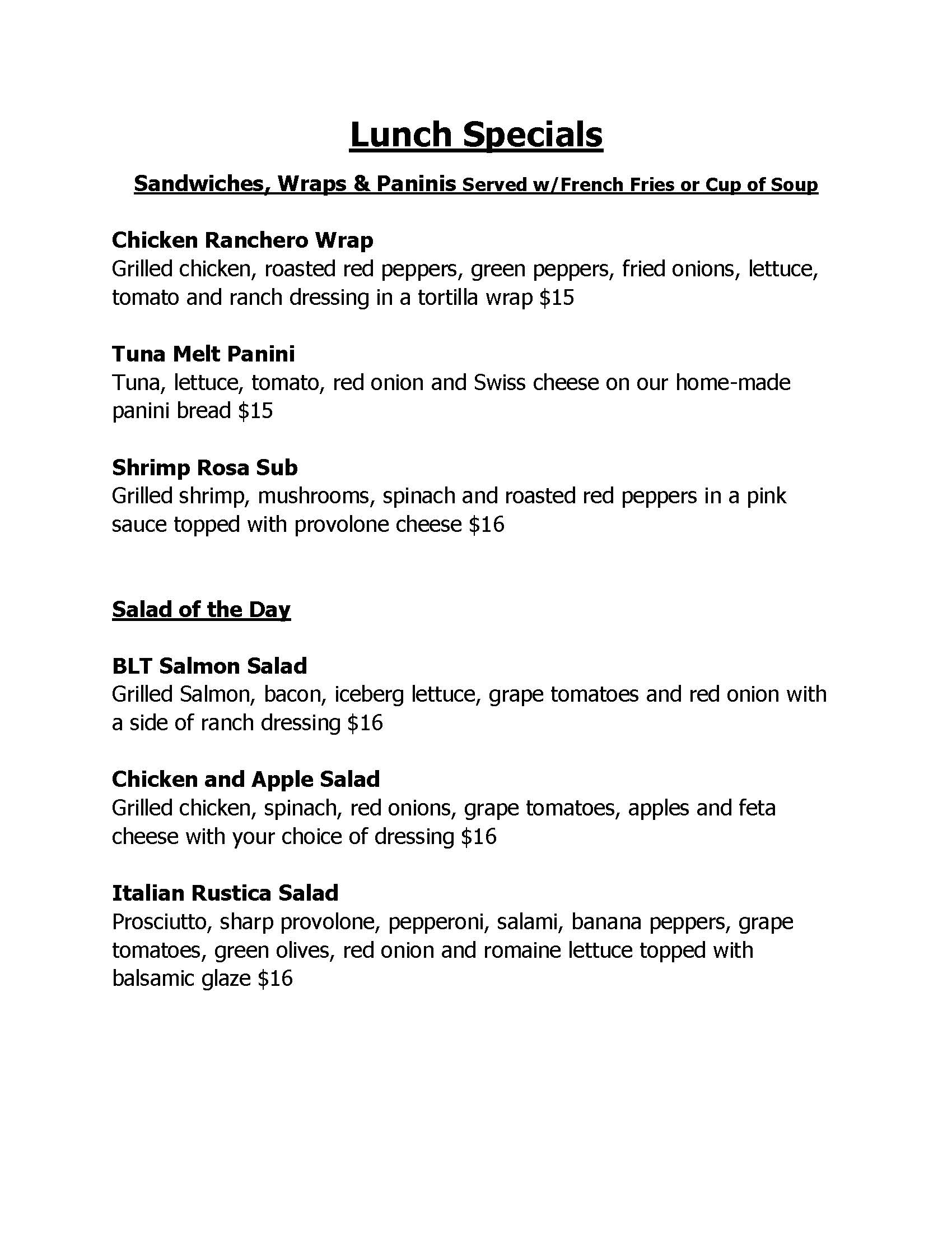 Text document listing lunch specials including various sandwiches, wraps, and salads with pricing information.