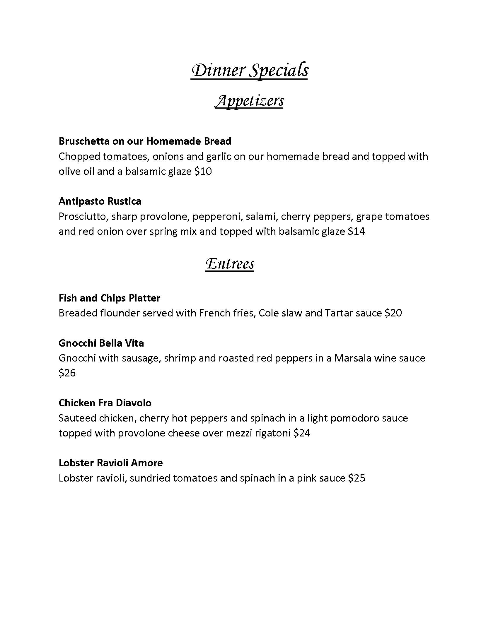 Our Dinner Menu for the weekly Specials