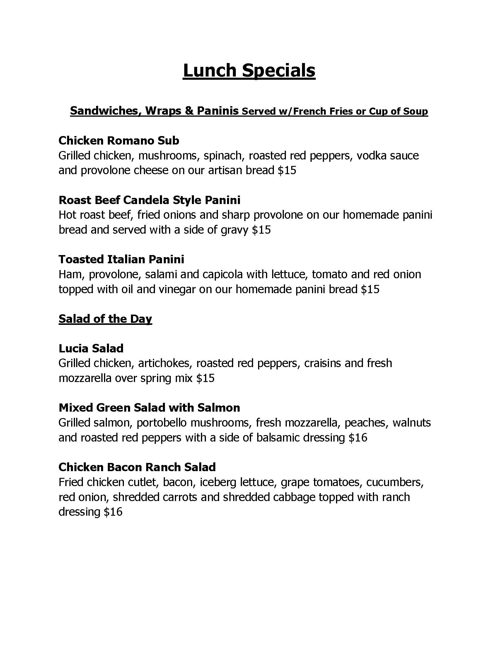 Lunch specials menu with a variety of sandwiches, wraps, salads, and the soup of the day with prices listed.